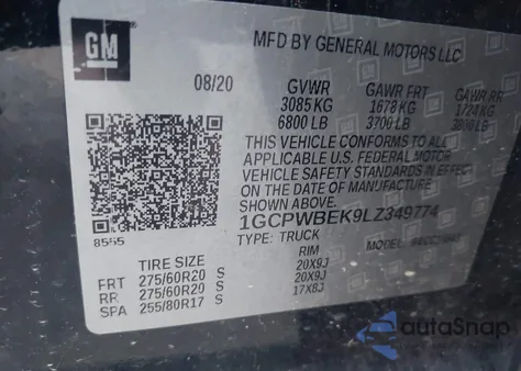 2020 Chevrolet Silverado 1500 2Wd Short Bed Custom z USA, uszkodzony, nr VIN 1GCPWBEK9LZ349774